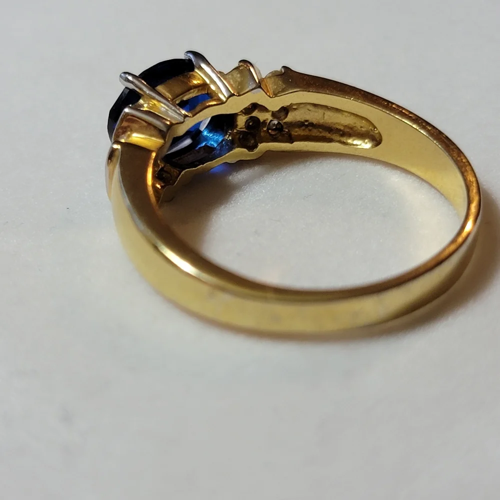 Oval Cut Blue Sapphire and Diamond Simulated Stone Ring Size 12.5 Gold Tone